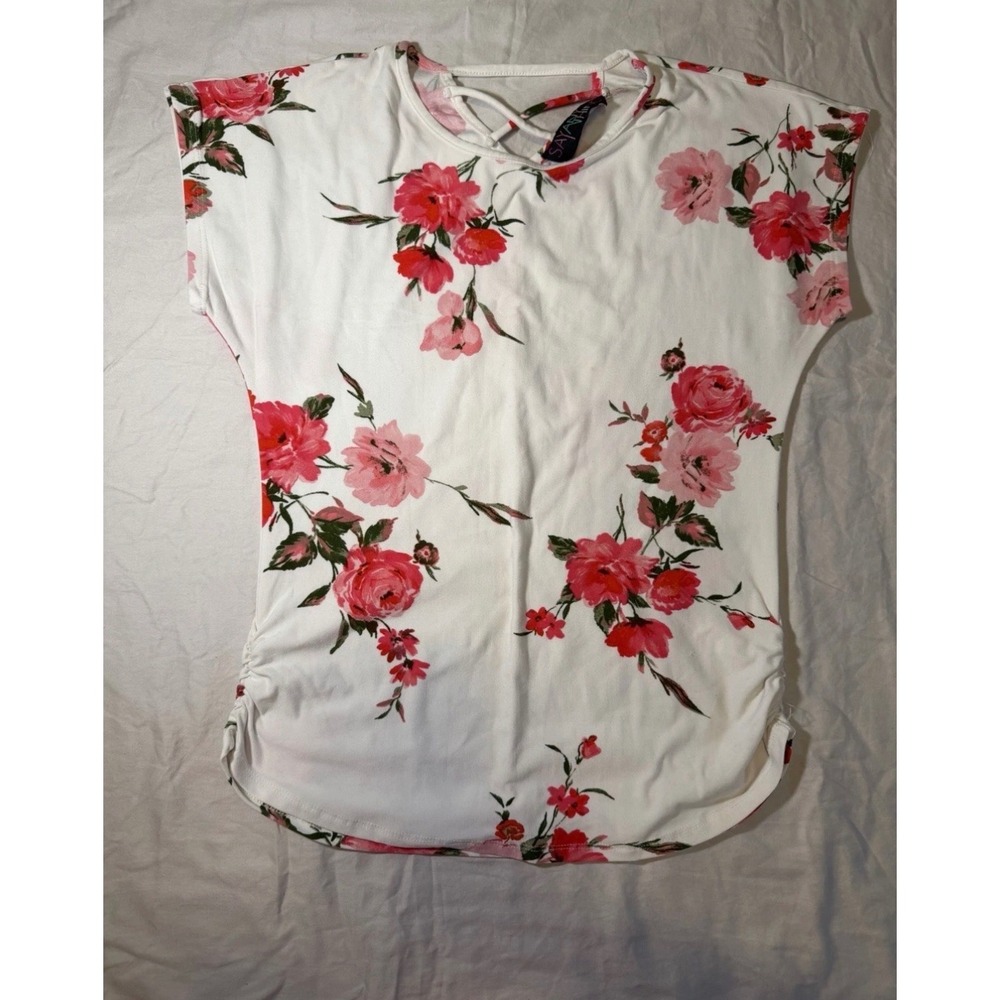 Say Anything Pink Floral Ruched Side Strappy Back Short Sleeve Top White